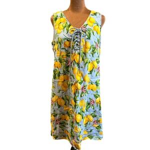 For Cynthia M Blue/Yellow Lemon‎ Print Shift Linen Blend Sundress Resortwear